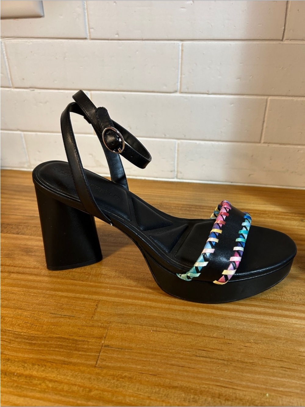 Karl Lagerfeld Black Platform Sandals with Rainbow Braided Straps Size 7.5 NWOB